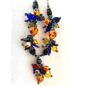 Amber Cobalt AB Black Faceted Star Art Necklace Cluster Beads 17" Gorgeous